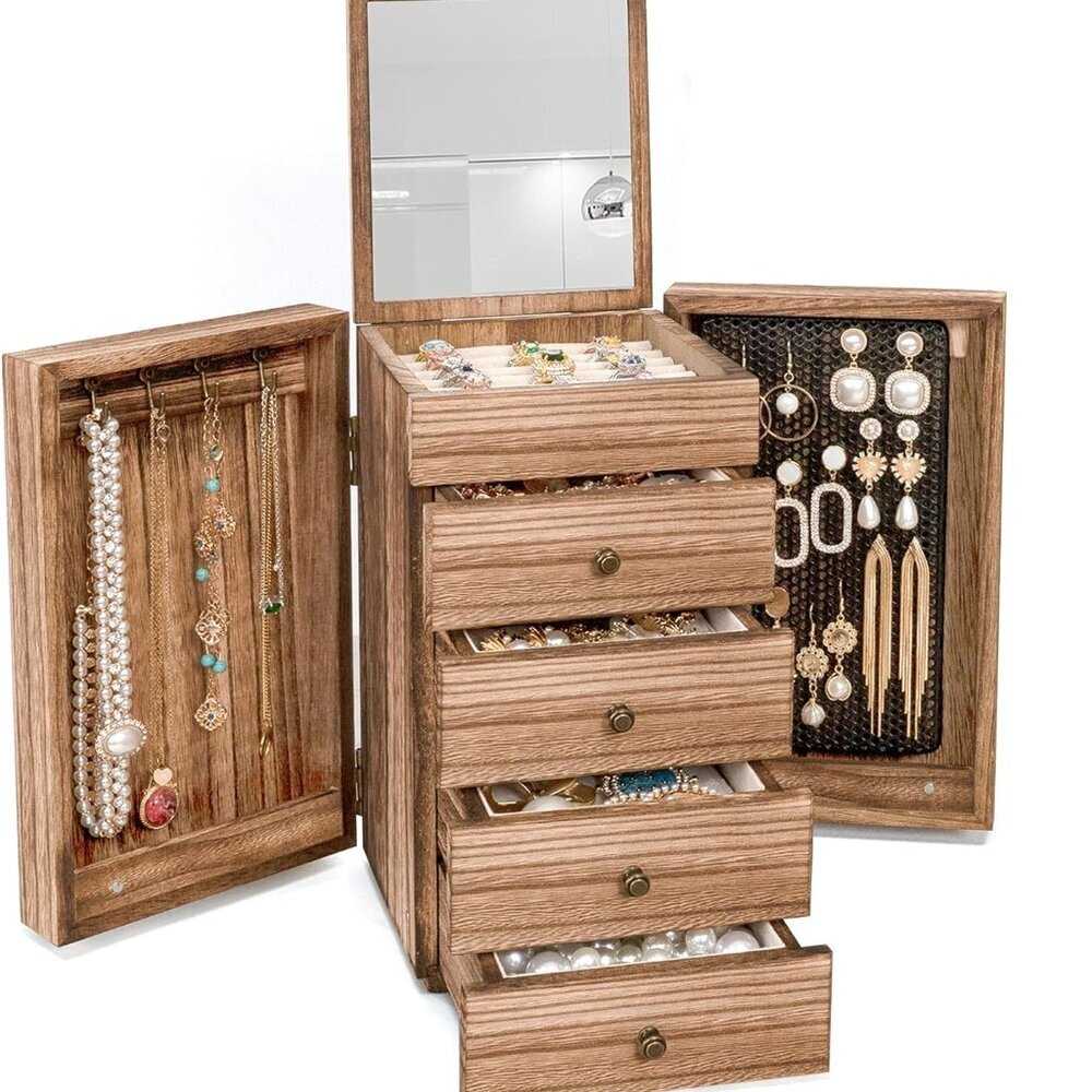 Jewelry Box Wood for Women, 5-Layer Large Organizer Box with Mirror & 4 Drawers
